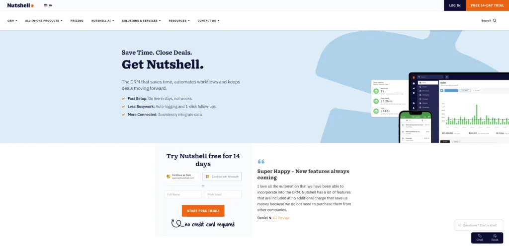 Nutshell CRM homepage screenshot