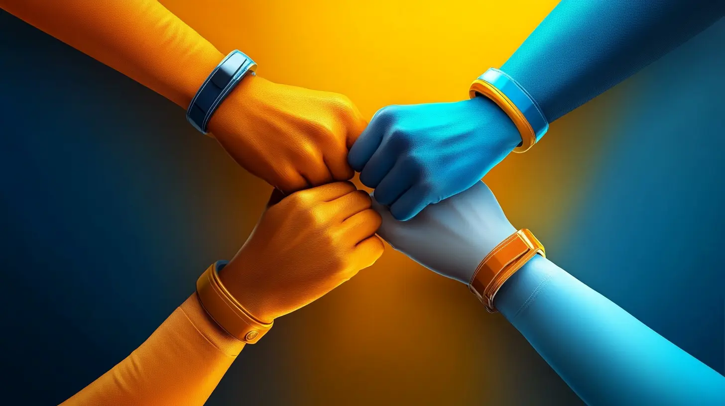 Four hands reach into the center in a team huddle.