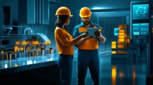 Two manufacturing workers wearing hard hats stand in front of a production line. One is holding a tablet and showing the other one something on it.