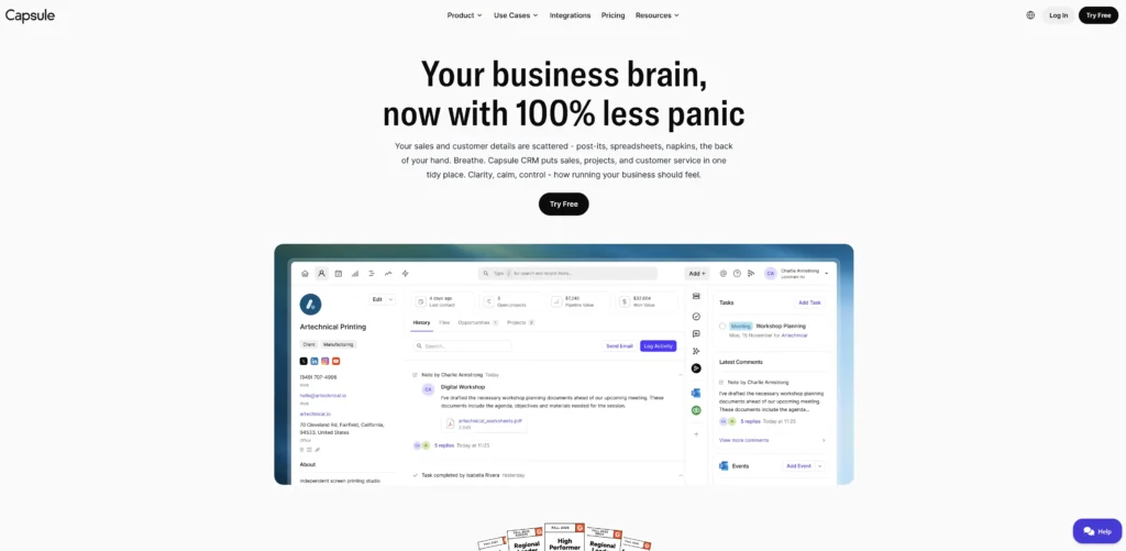 a screenshot of the Capsule CRM homepage