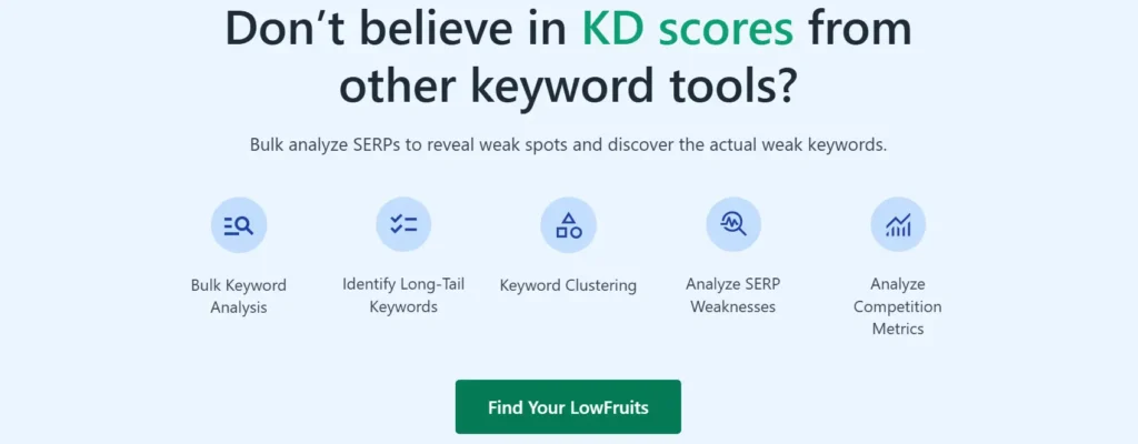 Screenshot of the homepage of LowFruits - a paid keyword research tool