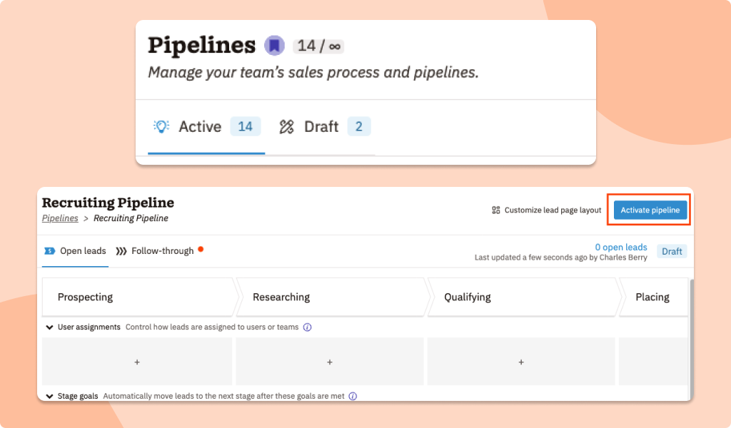 Image showing screenshots of an inactive draft pipeline in Nutshell and how to activate it