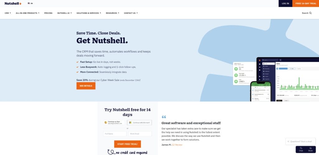 Updated screenshot of Nutshell's website homepage showing the new chatbot engagement bar