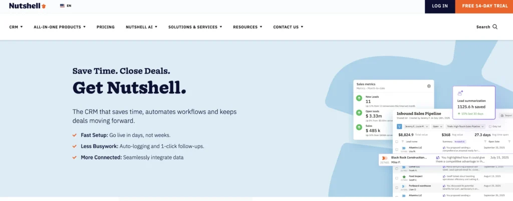 Nutshell's home page stating that users can save time and close more deals with Nutshell.