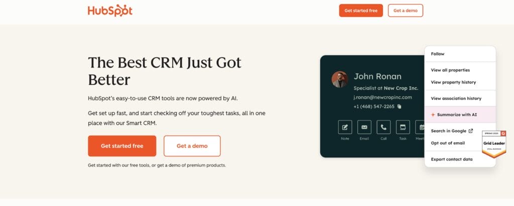 HubSpot CRM's home page with the options to get started or request a demo