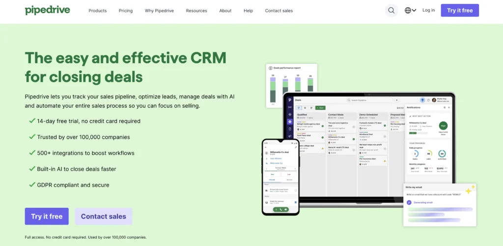 Pipedrive's home page featuring screenshots of the CRM on various mobile devices