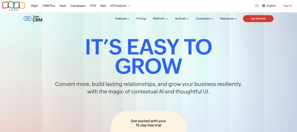 Zoho CRM's home page with messaging about the platform's ease of growth