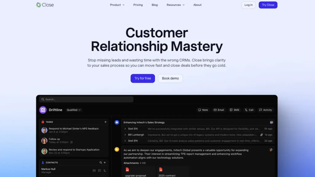 Close CRM's homepage featuring a screenshot of the platform