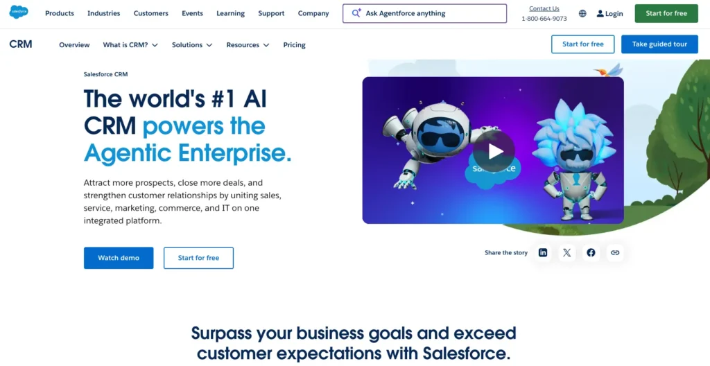 The homepage for Salesforce CRM featuring the platform's AI capabilities