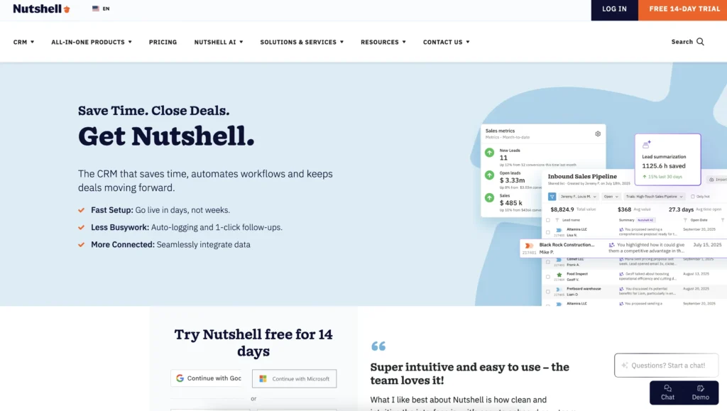 Nutshell home page displaying app screenshots, testimonials, and a free trial signup form