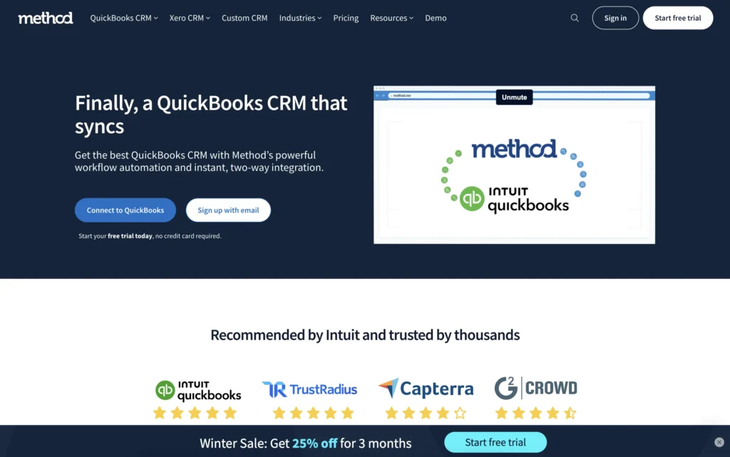 Method CRM homepage showing the platform's integration with Intuit QuickBooks