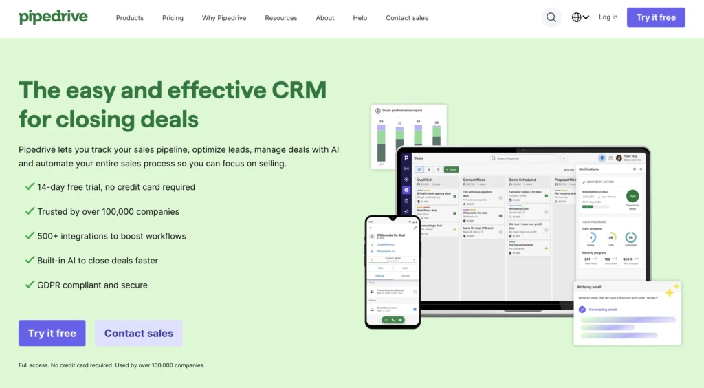 Pipedrive's homepage displaying screenshots from the app and listing key features