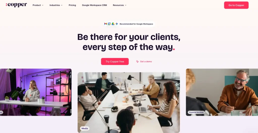 Copper's homepage with links to sign up for a free trial or request a demo