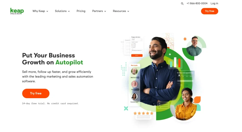 Keap's homepage featuring the slogan "Put Your Business Growth on Autopilot"