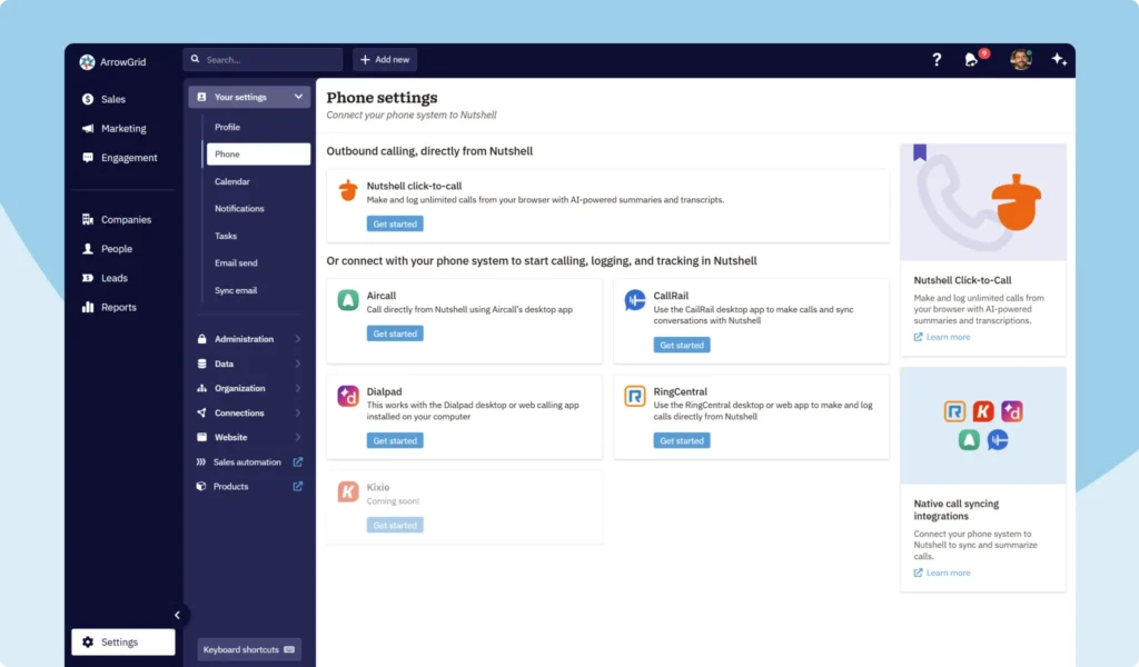 Screenshot of instant CRM phone integration options in Nutshell