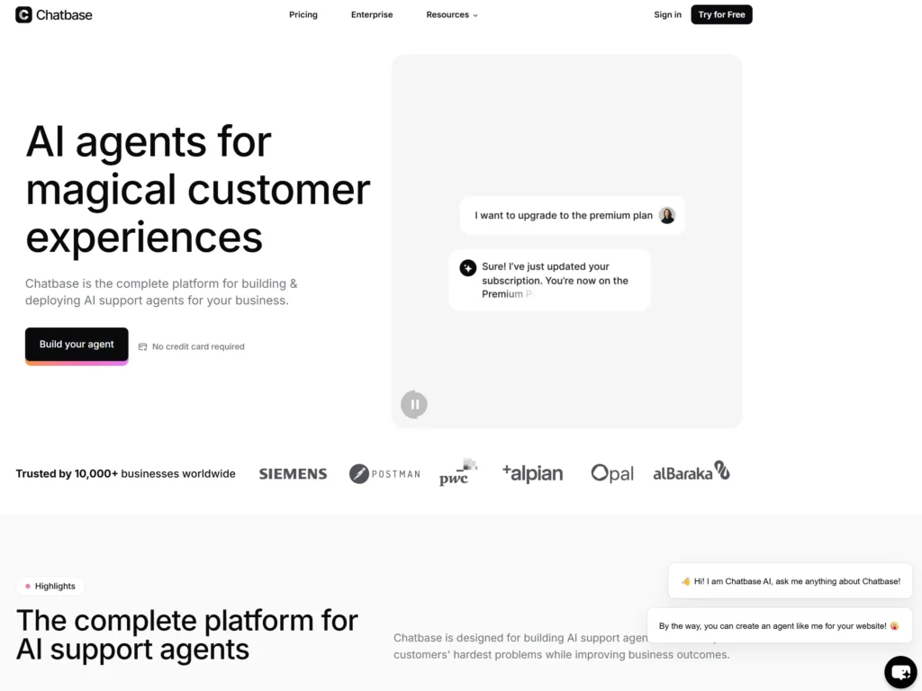 Homepage of Chatbase AI agents
