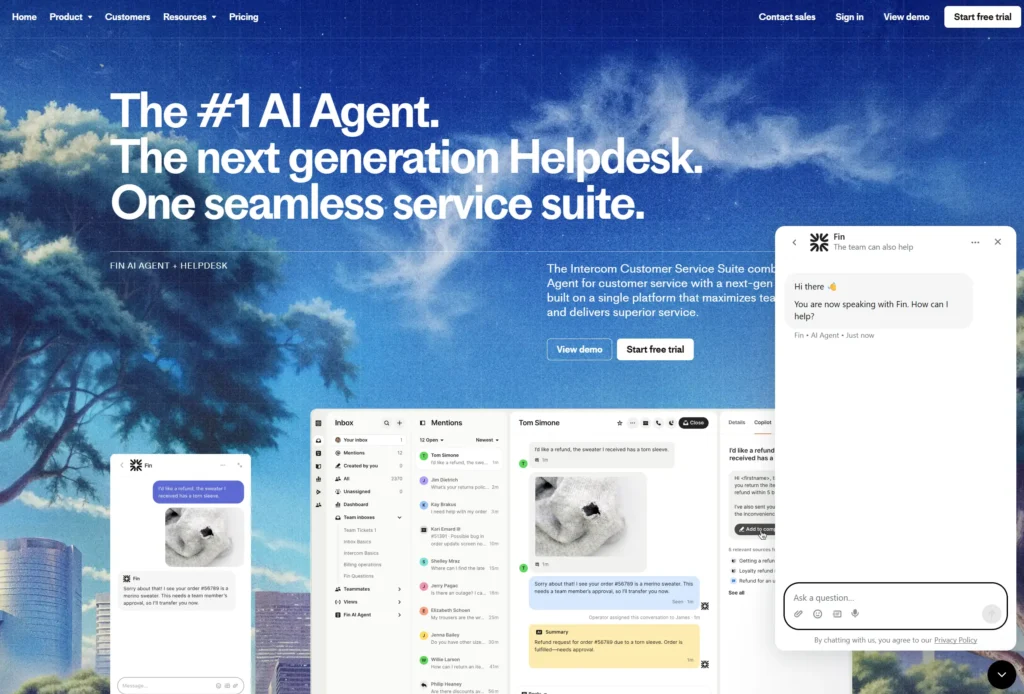 Homepage for Intercom Fin AI Chatbot