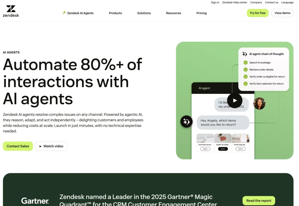 Web page for Zendesk AI agents