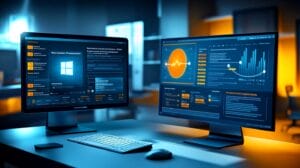 Two desktop computer monitors, one with Microsoft's logo and the other with a CRM interface