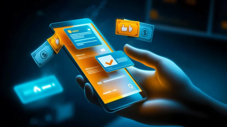 Mobile phone on hand with symbols of SMS sales