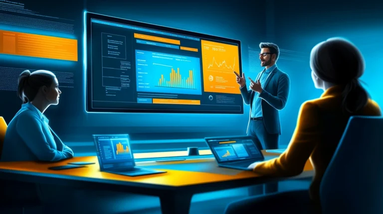 A sales rep giving a pitch to two representatives of a company