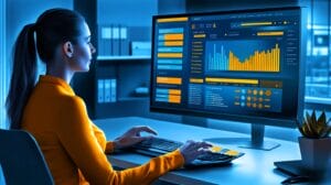 A professional woman at her desk looking relieved and confident while using a clean, intuitive CRM interface on her computer