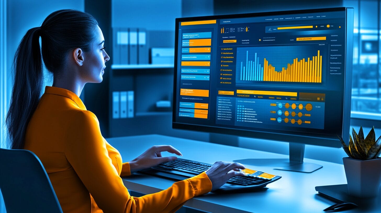 A professional woman at her desk looking relieved and confident while using a clean, intuitive CRM interface on her computer