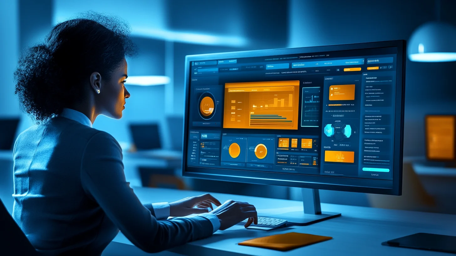 Insurance agent using a modern CRM dashboard to manage client relationships and track policy renewals