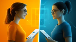 A blog post feature image showing two businesspeople, one smiling and one with a blank expression, for a post about sales and marketing vanity metrics