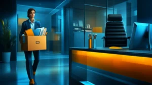 A professional arriving at an empty office desk on their first day as a sales manager, carrying a box of supplies and laptop bag, ready to begin their new leadership role.