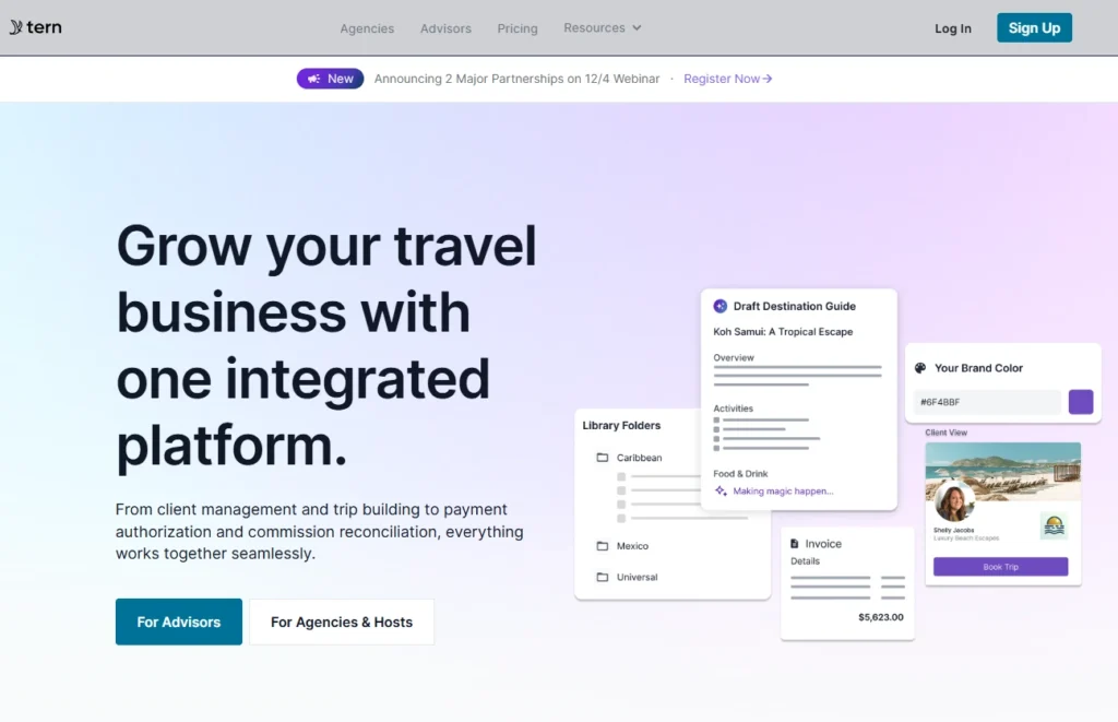 Homepage of Tern Travel a CRM for travel agencies