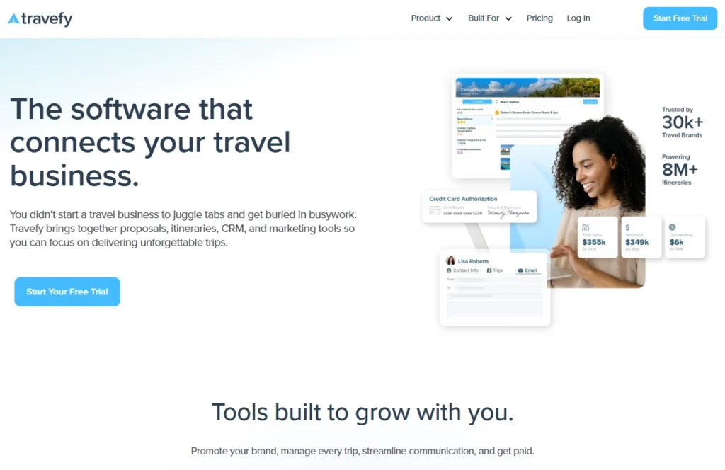 Travefy homepage a CRM for travel agencies