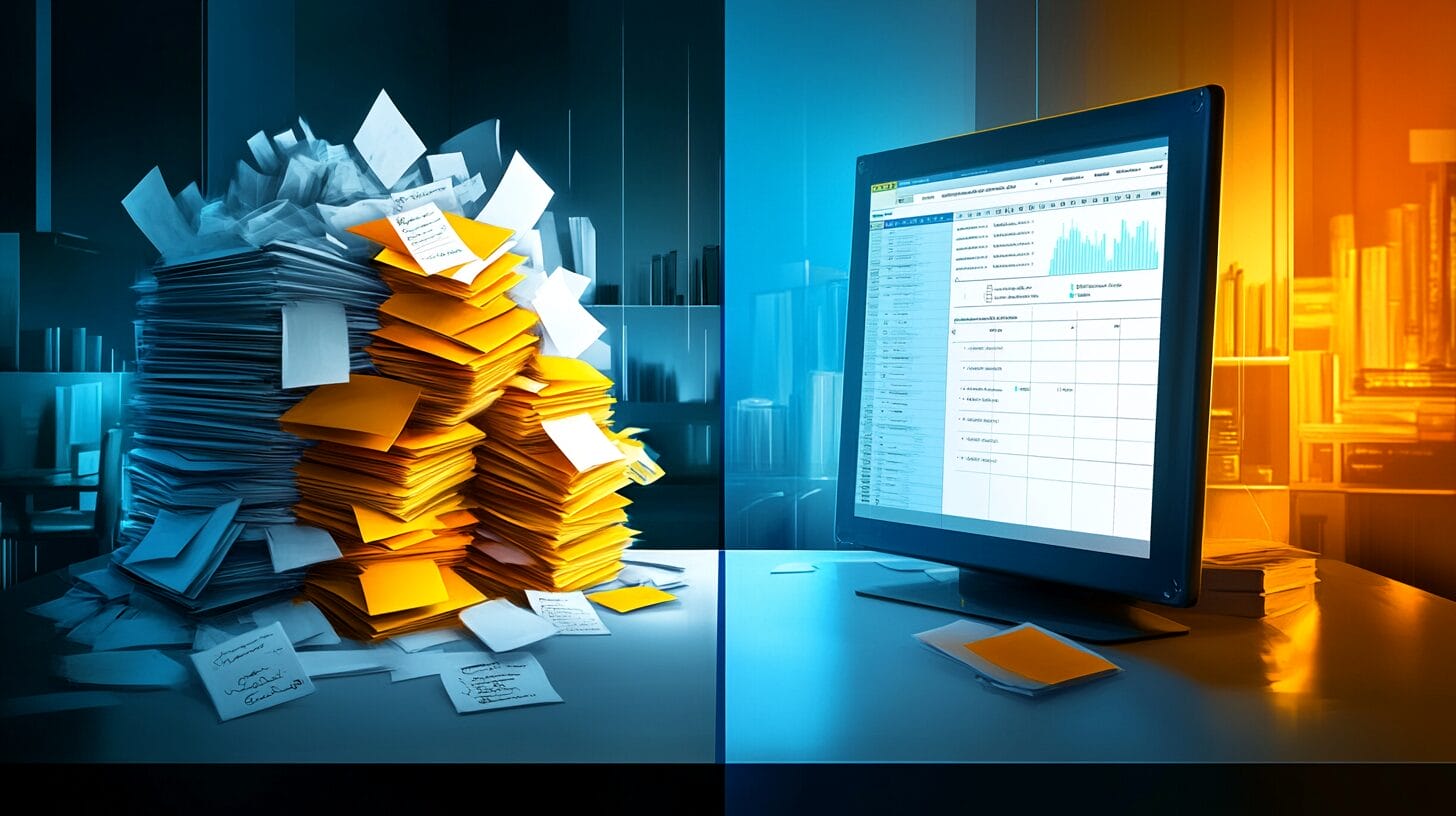 Illustration showing the transformation from disorganized sticky notes and scattered papers on the left to a clean, structured spreadsheet with organized columns on the right