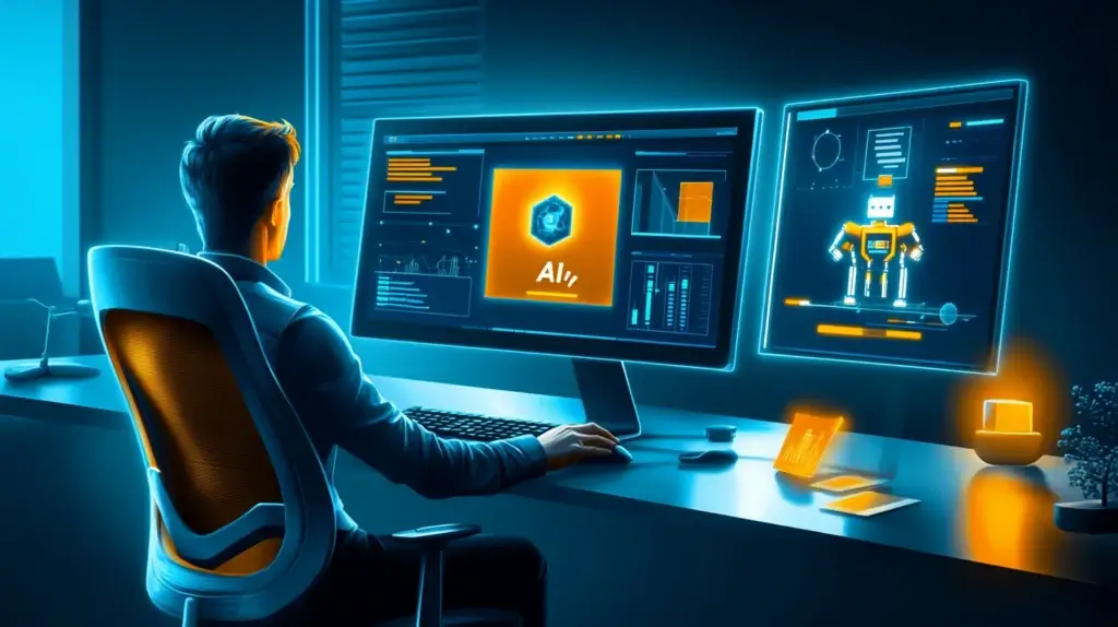 Sales professional reviewing AI-powered CRM analytics and data visualizations on desktop computer screen to analyze lead scoring and sales performance metrics.