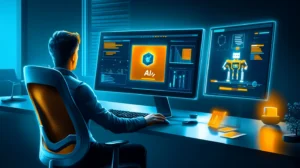 Sales professional reviewing AI-powered CRM analytics and data visualizations on desktop computer screen to analyze lead scoring and sales performance metrics.