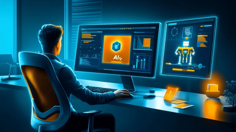 Sales professional reviewing AI-powered CRM analytics and data visualizations on desktop computer screen to analyze lead scoring and sales performance metrics.