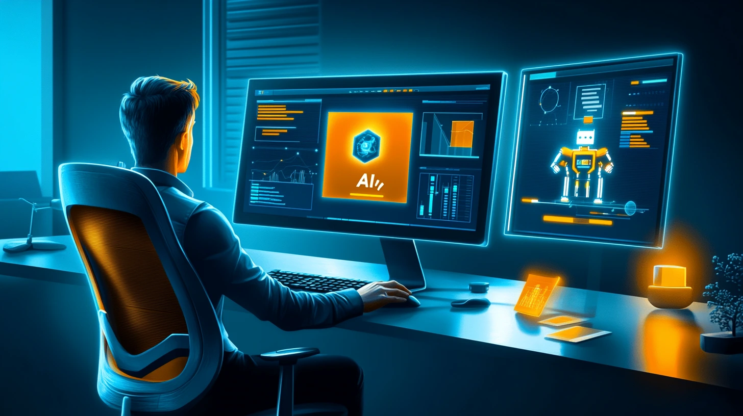 Sales professional reviewing AI-powered CRM analytics and data visualizations on desktop computer screen to analyze lead scoring and sales performance metrics.