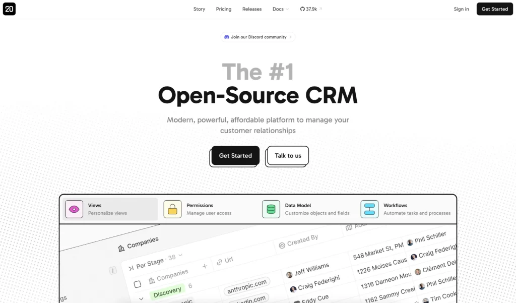 Twenty's homepage displaying its modern UI and affordability