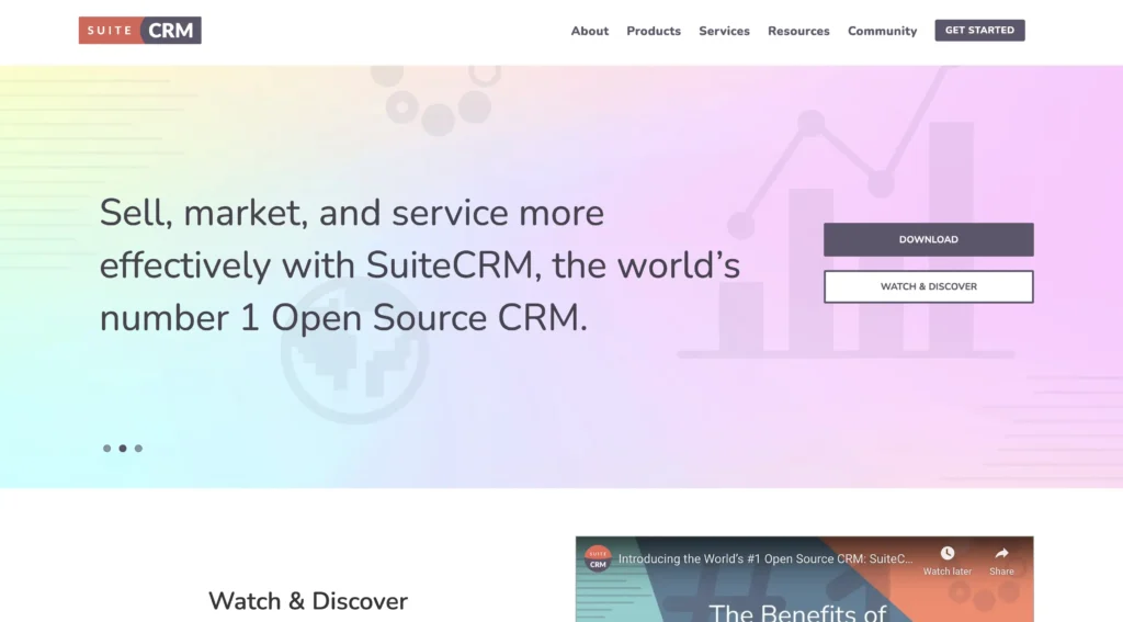 SuiteCRM's homepage describing it as the world's number 1 Open Source CRM