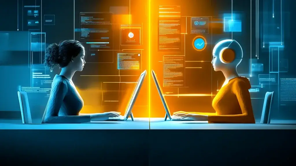 Professional reviewing customer data alongside visual representations of AI insights symbolizes the integration of human judgment and artificial intelligence in sales