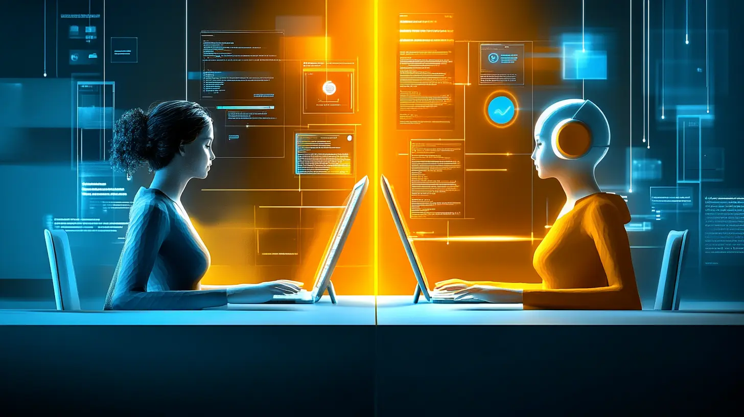 Professional reviewing customer data alongside visual representations of AI insights symbolizes the integration of human judgment and artificial intelligence in sales