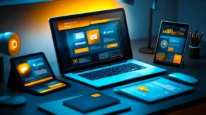 Modern small business workspace with multiple devices showing integrated software tools working together for streamlined operations