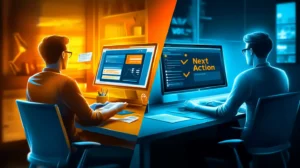 Visual comparison showing tangled, cluttered Capsule CRM interface (left) versus clean, organized Nutshell CRM with next-action prioritization (right)