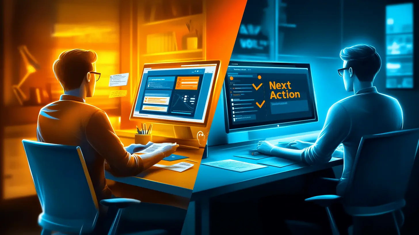 Visual comparison showing tangled, cluttered Capsule CRM interface (left) versus clean, organized Nutshell CRM with next-action prioritization (right)