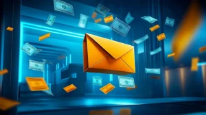 Abstract illustration of email marketing pricing and cost concept with an envelope surrounded by floating paper bills.