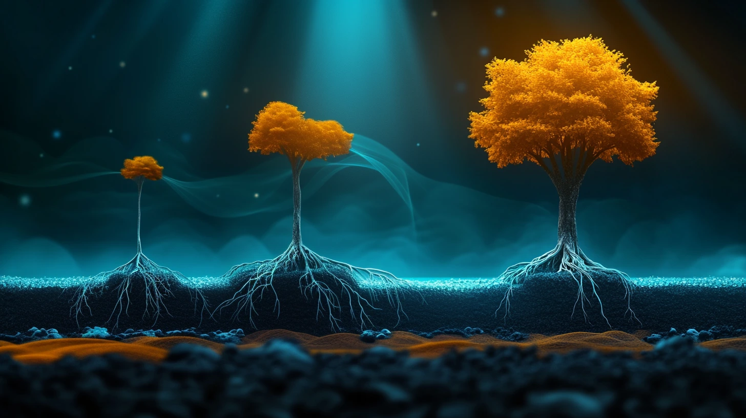 Illustration of plant growth stages from seedling to mature tree, representing startup evolution from early stage to established company.