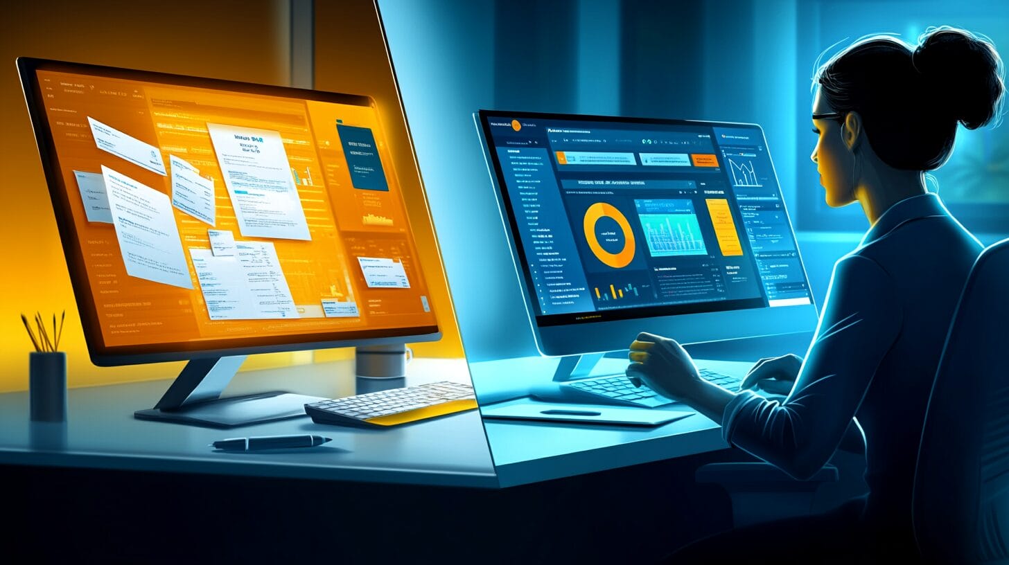 Split-screen illustration showing a frustrated sales rep with fragmented work tools on the left and a calm sales rep with seamlessly integrated Google Workspace and CRM tools on the right