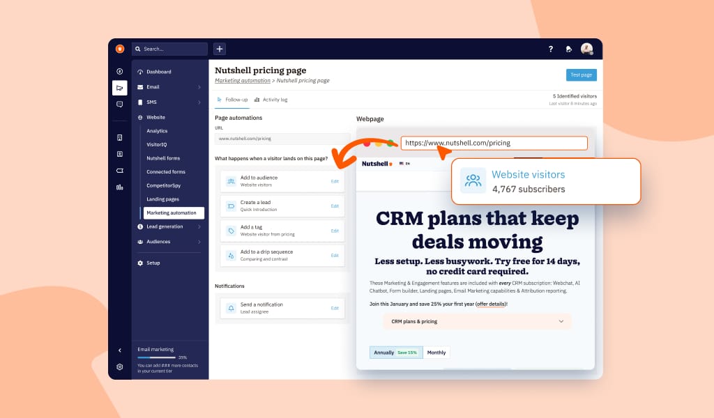 Settings page in Nutshell CRM's page-based marketing automations feature