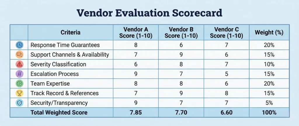 CRM vendor support evaluation scorecard template with seven criteria, scoring columns, and sample vendor comparisons