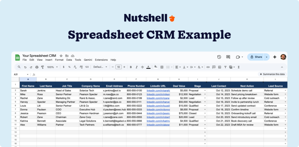 Sample Excel CRM spreadsheet showing essential columns including First Name, Last Name, Company, Email, Deal Value, Stage, and Last Contact Date with example contact records.